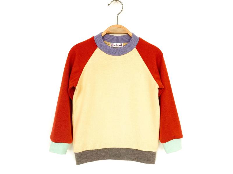 Kinderpullover Größe 104 Hellgelb Orange Bunt 100% Merinowolle/Upcycling Wollpullover Für Kinder Colorblockpullover Raglanpullover von NeuesAusAltemGewand