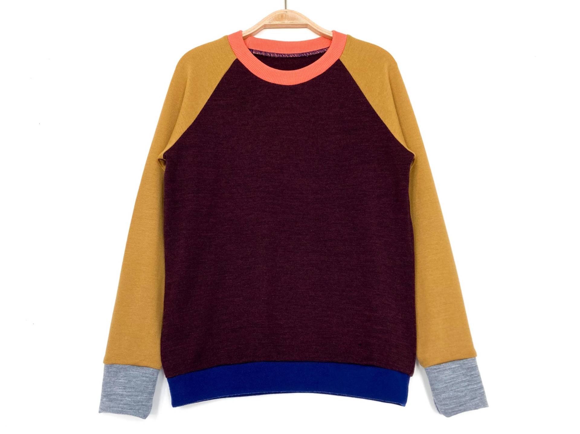 Wollpullover Größe 164 Aubergine Ocker/Upcycling Kinderpullover 100% Merinowolle Merinopullover Für Kinder Warmer Colorblockpullover von NeuesAusAltemGewand