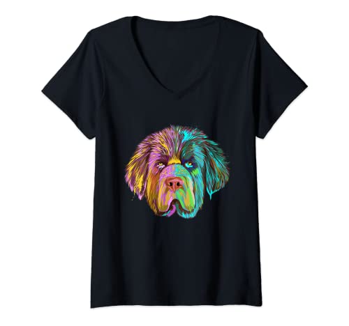 Damen Bunter Splash Hund Neufundländer T-Shirt mit V-Ausschnitt von Neufundländer Geschenke