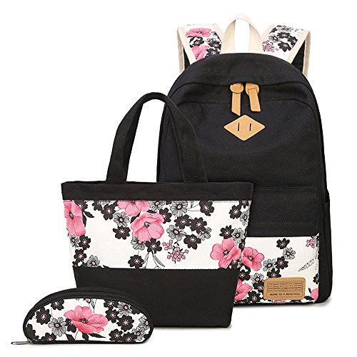 Neuleben 3 Set Schulrucksack & Handtasche & Federmäppchen Blumenmuster Damen Mädchen (Schwarz) von Neuleben