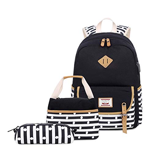 Neuleben 3 Set Schulrucksack & Kühltasche & Federmäppchen für Jungen Mädchen mit Laptopfach (Schwarz E) von Neuleben