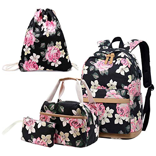 Neuleben 4 Set Schulrucksack + Kühltasche + Turnbeutel + Geldbörse Rucksack Schulranzen Blumenmuster Schultaschen für Damen Mädchen (Schwarz) von Neuleben