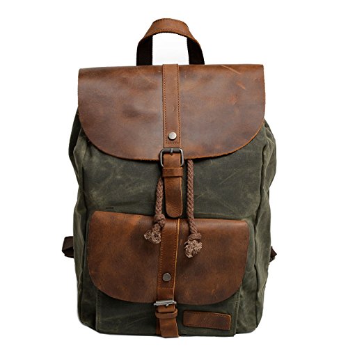 Neuleben Vintage Wasserdicht Rucksack Daypack aus Canvas Leder Damen Herren für Reise Outdoor Schule (Grün) von Neuleben