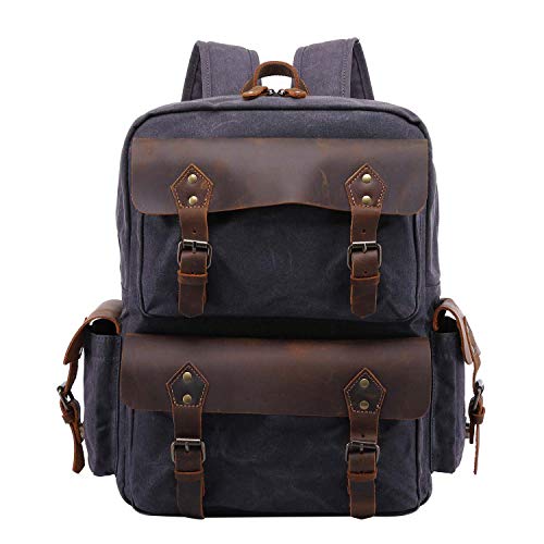 Neuleben Wasserdicht Canvas Leder Rucksack Herren Wanderrucksack Damen Schulrucksack Vintage 15.6 Zoll Laptop Rucksäcke Daypack für Wandern Schule Outdoor Alltag (Grau) von Neuleben