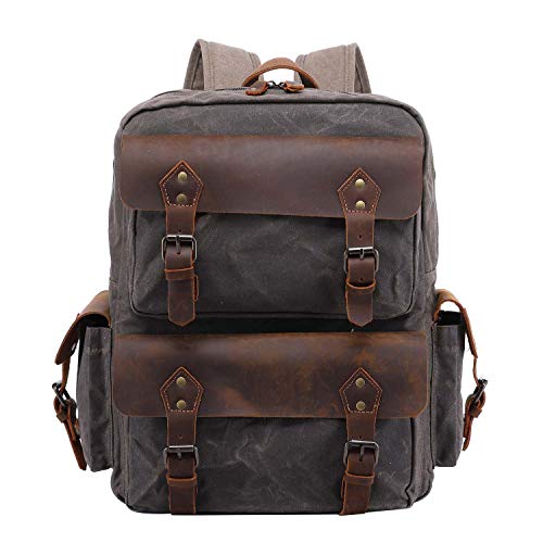 Neuleben Wasserdicht Canvas Leder Rucksack Herren Wanderrucksack Damen Schulrucksack Vintage 15.6 Zoll Laptop Rucksäcke Daypack für Wandern Schule Outdoor Alltag (Grün) von Neuleben