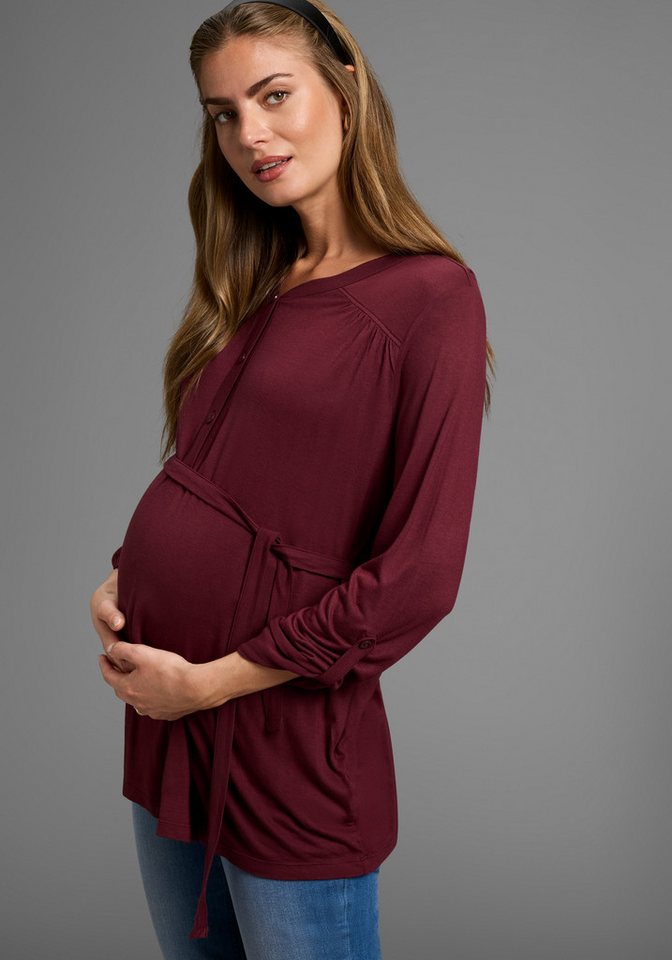 Neun Monate Umstandsshirt Jersey-Bluse mit Bindegürtel Viskose Umstands-Bluse praktisch für Schwangerschaft und danach von Neun Monate