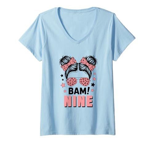 Damen 9. Geburtstag Mädchen Messy Bun Bäm! Neun Jahre Alt T-Shirt mit V-Ausschnitt von Neunter Geburtstag & 9. Geburtstag Design