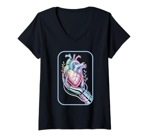 Damen Kybernetic Heart Human Intervention AI Robotics Anatomy T-Shirt mit V-Ausschnitt von NeuroCore Visuals