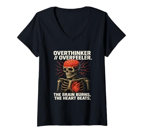 Damen Overthinker Overfeeler Skelett Brennen Gehirn Schlagen Herz T-Shirt mit V-Ausschnitt von NeuroFlame Studio Where Mind & Heart Ignite Co.