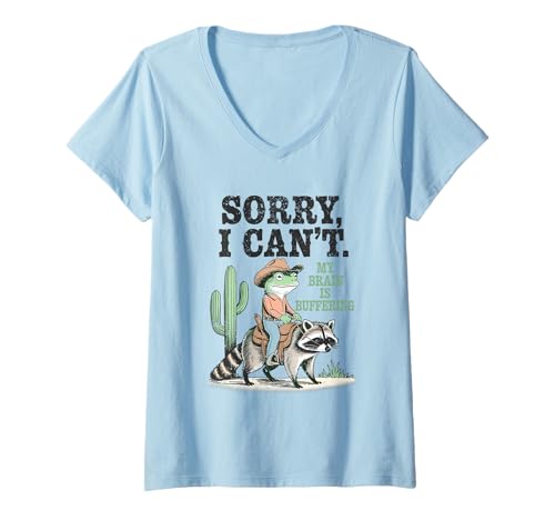 Damen Lustiger Frosch Cowpoke Sorry I Can't My Brain is Buffering T-Shirt mit V-Ausschnitt Damen Lustiger Frosch Cowpoke Sorry I Can't My Brain is Buffering T-Shirt mit V-Ausschnitt von NeuroRider