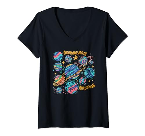 Damen Neurodiverse Universe Autismus ADHS T-Shirt mit V-Ausschnitt von Neurodiverse Universe Autism Awareness Day