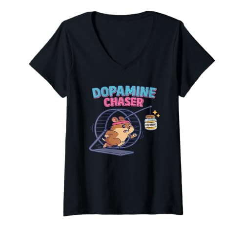 Damen Lustiger Dopamin Jagd Hamster ADHS Humor Cartoon T-Shirt mit V-Ausschnitt Damen Lustiger Dopamin Jagd Hamster ADHS Humor Cartoon T-Shirt mit V-Ausschnitt von Neurodiverse Vibes Studio
