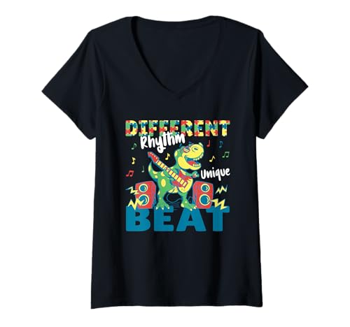 Damen Different Rhythm Unique Beat T-Rex Autism T-Shirt mit V-Ausschnitt Damen Different Rhythm Unique Beat T-Rex Autism T-Shirt mit V-Ausschnitt von Neurodiversität Und Autismus Bewusstsein