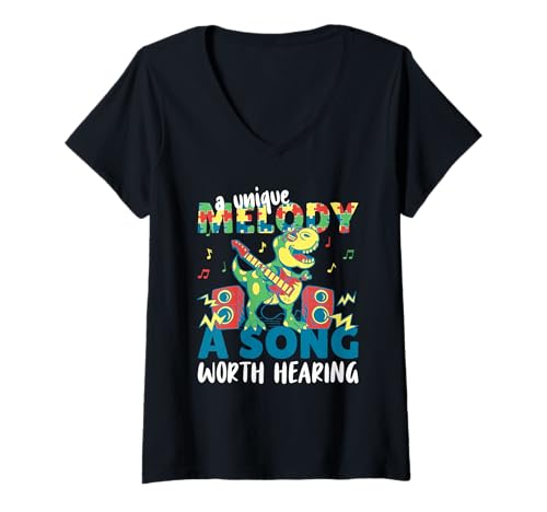 Damen Einzigartige Melodie Dinosaurier Gitarre Autismus T-Shirt mit V-Ausschnitt Damen Einzigartige Melodie Dinosaurier Gitarre Autismus T-Shirt mit V-Ausschnitt von Neurodiversität Und Autismus Bewusstsein