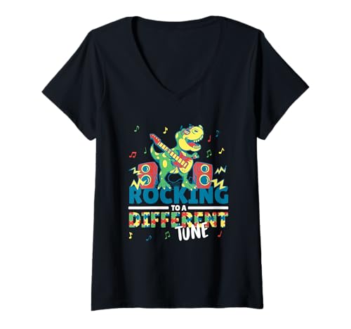 Damen Rocking to a Different Tune T-Rex Autism T-Shirt mit V-Ausschnitt Damen Rocking to a Different Tune T-Rex Autism T-Shirt mit V-Ausschnitt von Neurodiversität Und Autismus Bewusstsein
