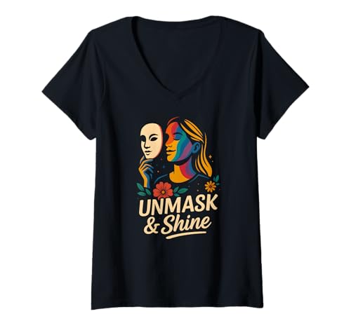 Damen Unmask and Shine Neurodiversity ADHS Girl Autism Awareness T-Shirt mit V-Ausschnitt Damen Unmask and Shine Neurodiversity ADHS Girl Autism Awareness T-Shirt mit V-Ausschnitt von Neurodiversity Autism Pride Apparel for Women
