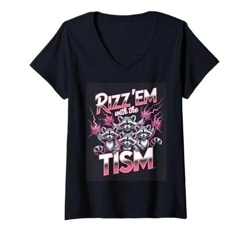 Damen Tism Waschbär Opossum Vintage Spectrum Tism Meme Autistic T-Shirt mit V-Ausschnitt von Neurodiversity Celebration Tees Tism Raccoon Oposs