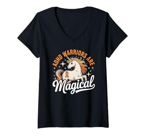 Damen ADHS Warrior Magical Unicorn Awareness T-Shirt mit V-Ausschnitt Damen ADHS Warrior Magical Unicorn Awareness T-Shirt mit V-Ausschnitt von Neurodiversity Support Unicorn Novelty