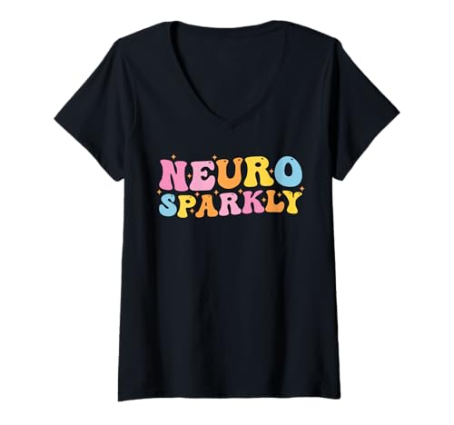 Damen Neuro Sparkly NeuroDiversity Unicorn ADHS Awareness Groovy T-Shirt mit V-Ausschnitt Damen Neuro Sparkly NeuroDiversity Unicorn ADHS Awareness Groovy T-Shirt mit V-Ausschnitt von Neurosparkly Neurodivergent Retro Autism Spectrum