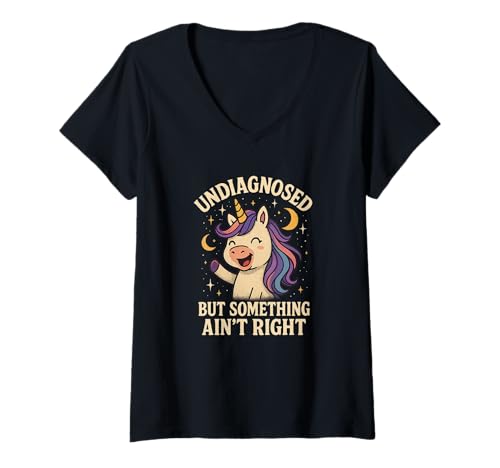 Damen Undiagnosed But Something Ain't Right Lustiges Kawaii-Einhorn T-Shirt mit V-Ausschnitt von Neurospicy Magic Co.