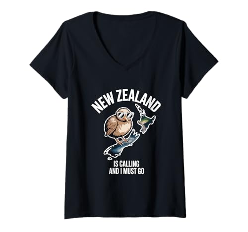 Damen New Zealand is Calling and I Must Go Kiwi Neuseeland Reise T-Shirt mit V-Ausschnitt von Neuseeland Kiwi Reise Fernweh Aotearoa