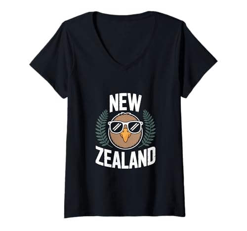 Damen New Zealand Kiwi Vogel Mit Sonnenbrille Fern T-Shirt mit V-Ausschnitt Damen New Zealand Kiwi Vogel Mit Sonnenbrille Fern T-Shirt mit V-Ausschnitt von Neuseeland Kiwi Vogel Aotearoa Fern Souvenir