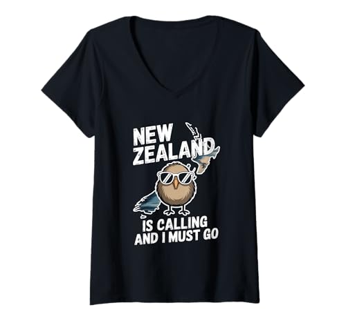 Damen Neuseeland New Zealand is Calling and I Must Go Kiwi T-Shirt mit V-Ausschnitt von Neuseeland Kiwi Vogel Reise Abenteuer Aotearoa