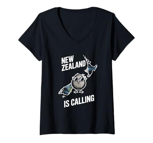 Damen New Zealand is Calling Kiwi Vogel Neuseeland Karte T-Shirt mit V-Ausschnitt von Neuseeland Kiwi Vogel Reise Abenteuer Aotearoa