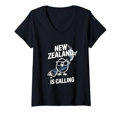 Damen Neuseeland Reise Kiwi Vogel New Zealand is Calling T-Shirt mit V-Ausschnitt von Neuseeland Reise Kiwi Vogel Karte Abenteuer