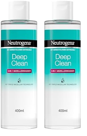 Neutrogena Deep Clean 3-in-1 Mizellenwasser (400 ml), parfümfreie Gesichtsreinigung ohne Alkohol, sanfter Make-Up Entferner ohne Reiben, für alle Hauttypen geeignet (Packung mit 2) von Neutrogena