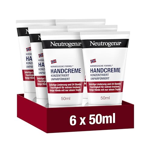 Neutrogena Handcreme konzentriert unparfümiert(6x50ml), beruhigende Feuchtigkeitscreme mit 40prozent Glycerin plus Vitamin E, sofort feuchtigkeitsspendende Handcreme für sehr trockene Hände, Sparset von Neutrogena