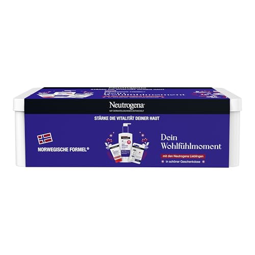 Neutrogena Norwegische Formel Wohlfühl Geschenkset in Metalldose 1 Stk., mit Deep Moisture Sofort einziehende Bodylotion, Handcreme unparfümiert und Lippenpflege von Neutrogena