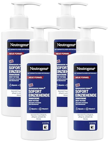 Neutrogena Sofort einziehende Handcreme (150 ml), pflegende für sehr trockene , spendet intensive Feuchtigkeit mit Glycerin weiche Hände, im praktischen Spender (Packung mit 4) von Neutrogena