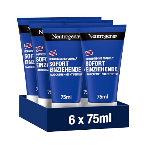 Neutrogena Sofort einziehende Handcreme (6 x 75ml), leichte und nicht fettende Feuchtigkeitscreme mit Glycerin plus Vitamin E bei trockenen, rissigen Händen, Sparset von Neutrogena