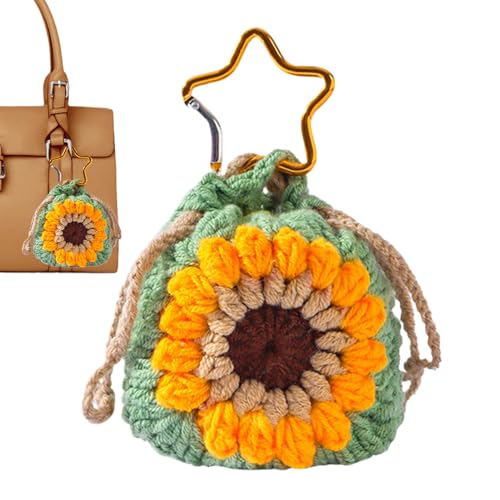 Sunflower Schlüsselring Charm - Münzbeutelbeutelbeutel, tragbarer gewebter Halter | Trendy Draw String Wallet, Mini Reißverschlussless, Kompaktkartentasche, Unisex -Aufbewahrungsclip, Mode -Charm -Sac von NevPuose