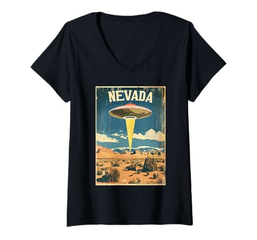 Damen Nevada UFO Raumschiff Abenteuer Poster T-Shirt mit V-Ausschnitt Damen Nevada UFO Raumschiff Abenteuer Poster T-Shirt mit V-Ausschnitt von Nevada UFO Desert Exploration Poster