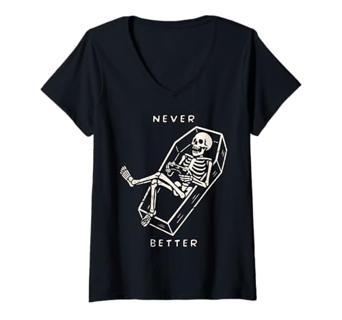 Damen Never Better Skelett Shirt Sarg Gamer Halloween Gruselig T-Shirt mit V-Ausschnitt Damen Never Better Skelett Shirt Sarg Gamer Halloween Gruselig T-Shirt mit V-Ausschnitt von Never Better Shirt Gaming Skeleton Shirts...