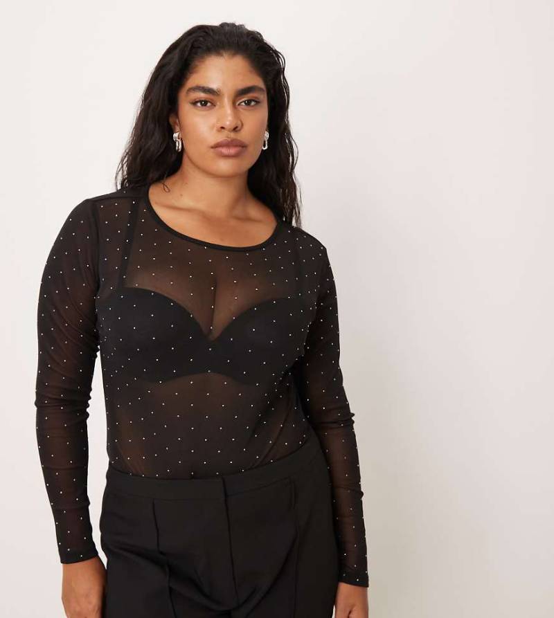 Never Fully Dressed Curve - Langärmliger Body in Schwarz mit Strassverzierung von Never Fully Dressed Plus