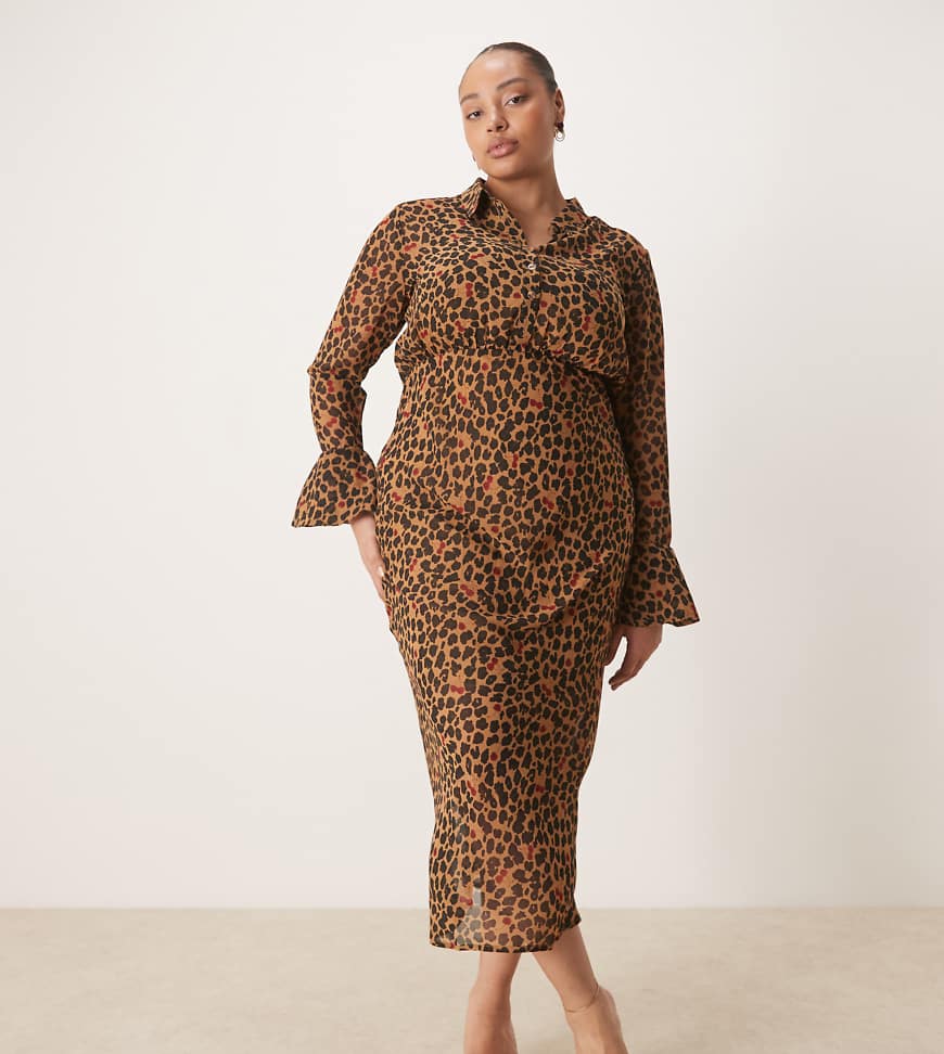 Never Fully Dressed Curve - Mia - Midaxi-Hemdblusenkleid mit Kirsch- und Leopardenmuster-Bunt von Never Fully Dressed Plus