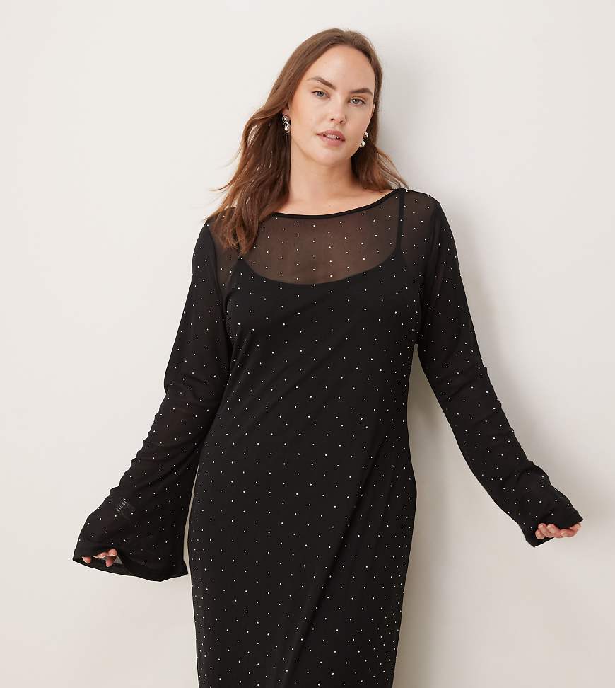 Never Fully Dressed Curve - Midaxikleid aus Netzstoff in Schwarz mit Strassverzierung und Glockenärmeln von Never Fully Dressed Plus