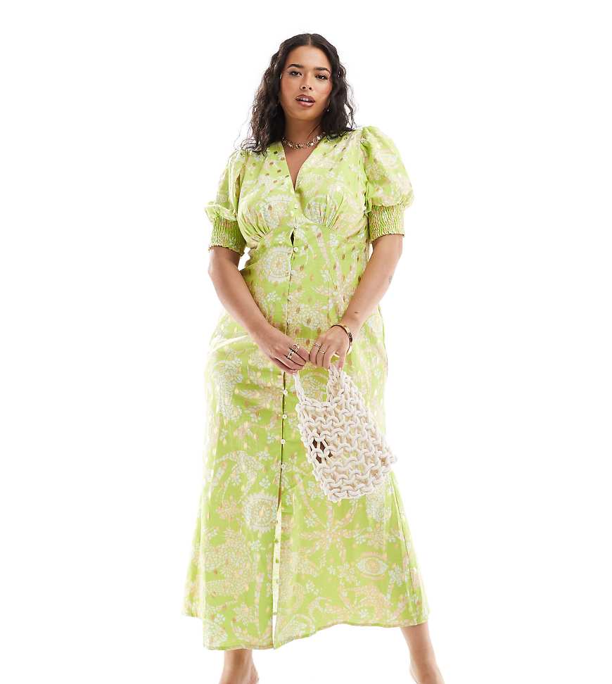 Never Fully Dressed Plus - Lindos - Midaxi-Kleid mit gelbgoldenem Print Never Fully Dressed Plus - Lindos - Midaxi-Kleid mit gelbgoldenem Print von Never Fully Dressed Plus