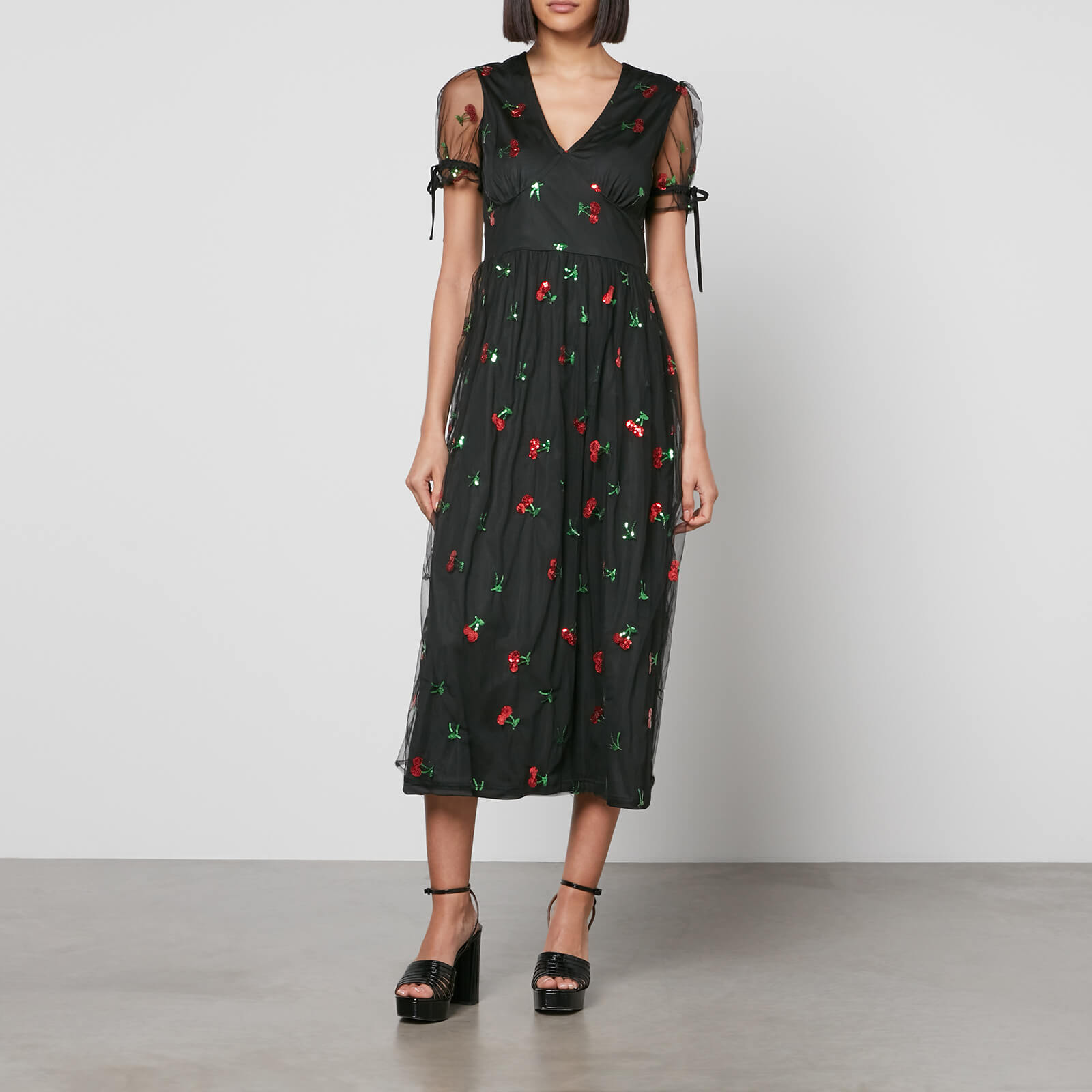 Never Fully Dressed Embellished Cherry Lined Mesh Midi Dress - UK 10 von Never Fully Dressed