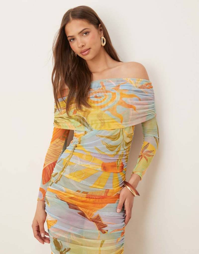 Never Fully Dressed - Gerafftes Midaxi-Kleid aus Netzstoff mit Mustermix-Grün von Never Fully Dressed