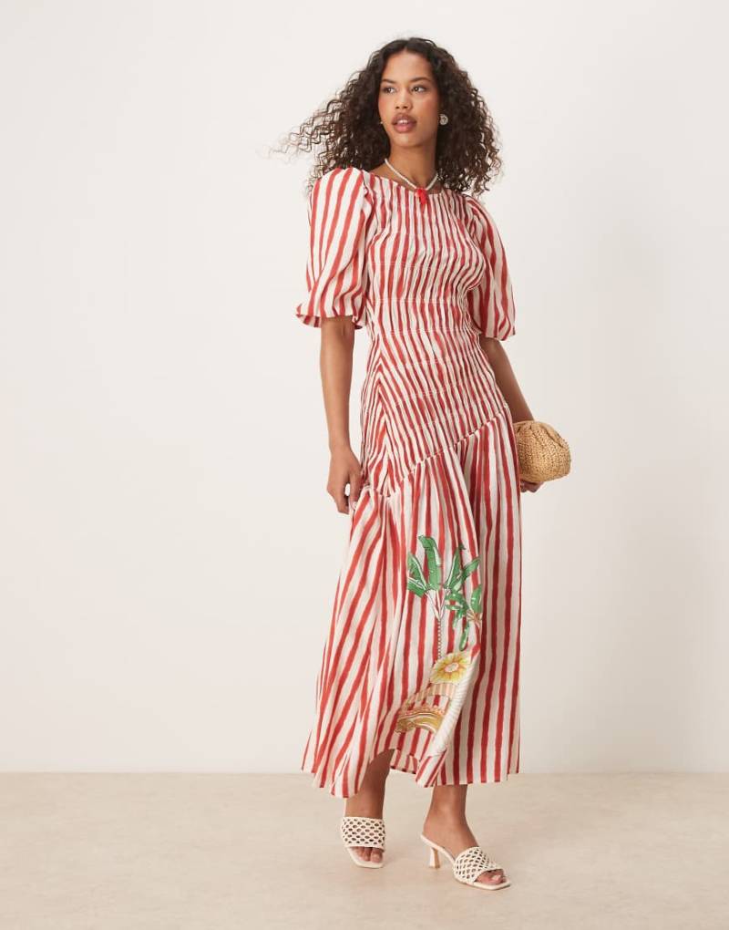 Never Fully Dressed - Gestreiftes Midaxi-Kleid aus Baumwolle mit Seepferdchen-Print-Rot von Never Fully Dressed