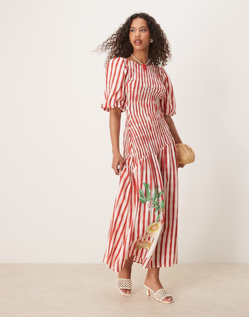 Never Fully Dressed - Gestreiftes Midaxi-Kleid aus Baumwolle mit Seepferdchen-Print-Rot Never Fully Dressed - Gestreiftes Midaxi-Kleid aus Baumwolle mit Seepferdchen-Print-Rot von Never Fully Dressed