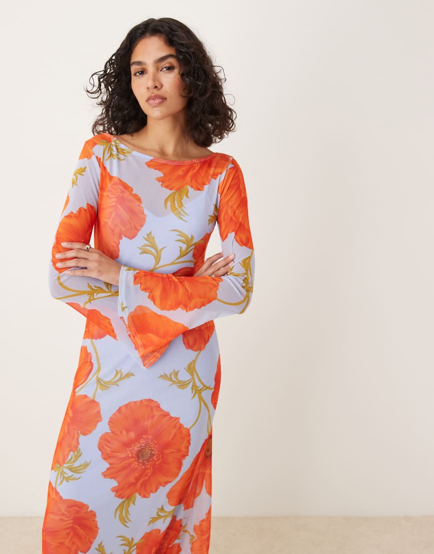 Never Fully Dressed - Kleid aus Netzstoff in Blau mit Mohnblumen-Bunt von Never Fully Dressed