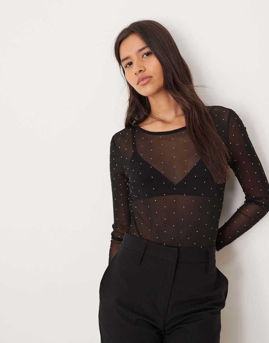 Never Fully Dressed - Langärmliger Body in transparentem Schwarz mit Hotfix-Verzierung von Never Fully Dressed