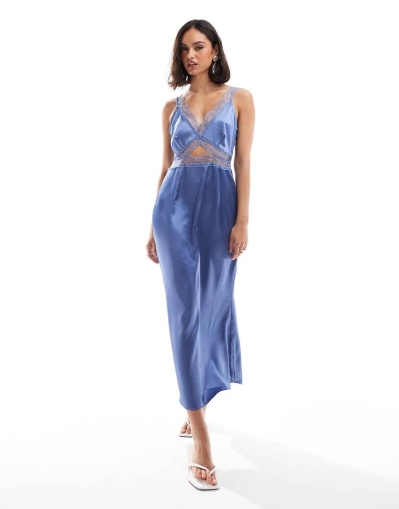 Never Fully Dressed - Midaxi-Trägerkleid in Staubblau mit Zierausschnitt und Spitzenborte Never Fully Dressed - Midaxi-Trägerkleid in Staubblau mit Zierausschnitt und Spitzenborte von Never Fully Dressed
