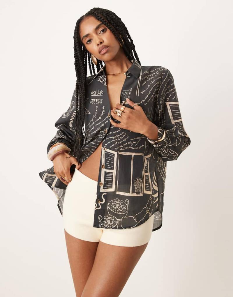 Never Fully Dressed - Oversize-Hemd in Schwarz mit Palmenprint, Kombiteil von Never Fully Dressed