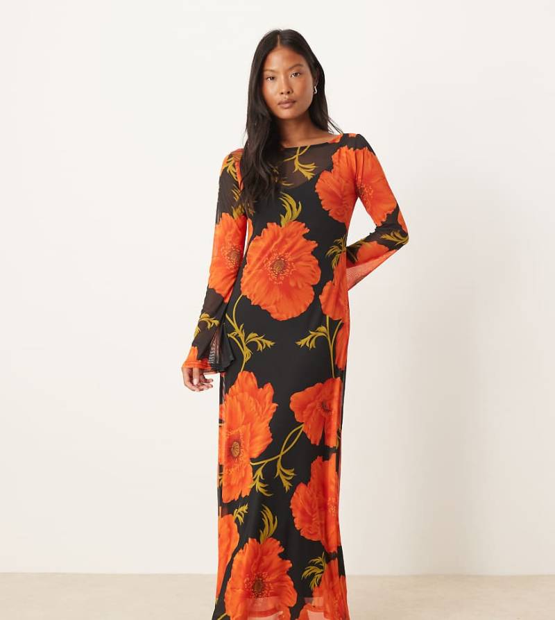Never Fully Dressed Petite - Langärmliges Maxikleid aus Netzstoff mit Mohnblumenmuster-Bunt von Never Fully Dressed